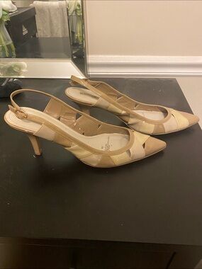 Beige and Cream Two-Tone Slingback Pointed Heels